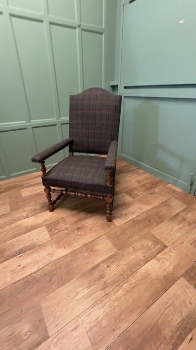 Film of Arts and Crafts Golden Oak Arm Chair, Tweed Fireside Chair