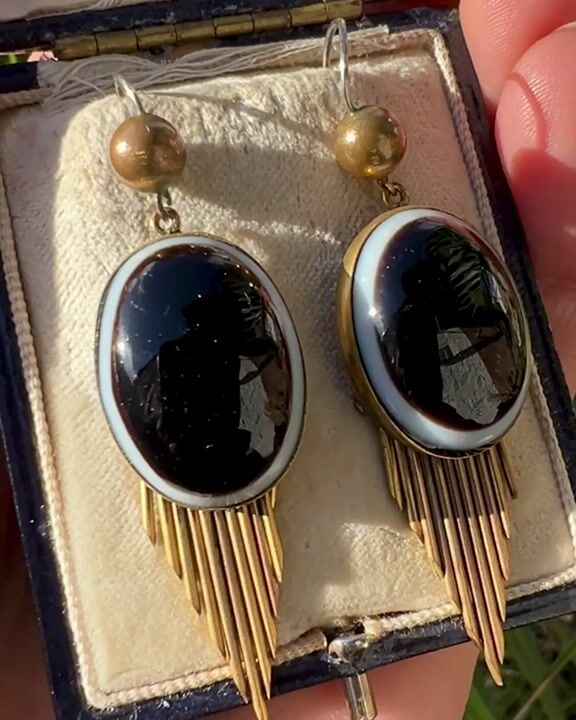 Film of Victorian Bullseye Agate Fringe Earrings