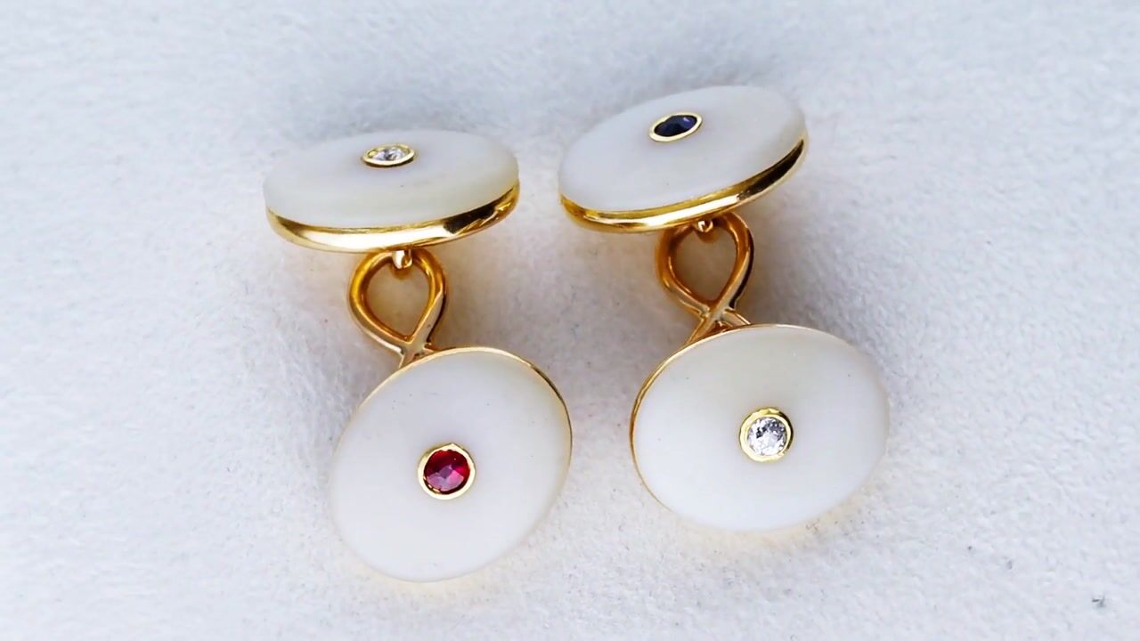 Film of Antique 17.64ct Agate 0.11ct Sapphire 0.11ct Ruby 0.19ct Diamond and 15ct Yellow Gold Cufflinks Circa 1910