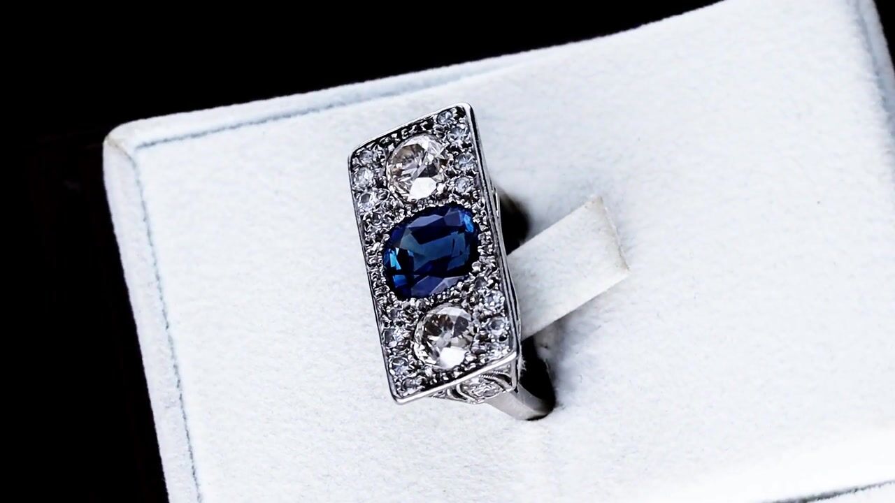 Film of Antique 3.00ct Sapphire and 1.71ct Diamond Platinum Ring Circa 1935