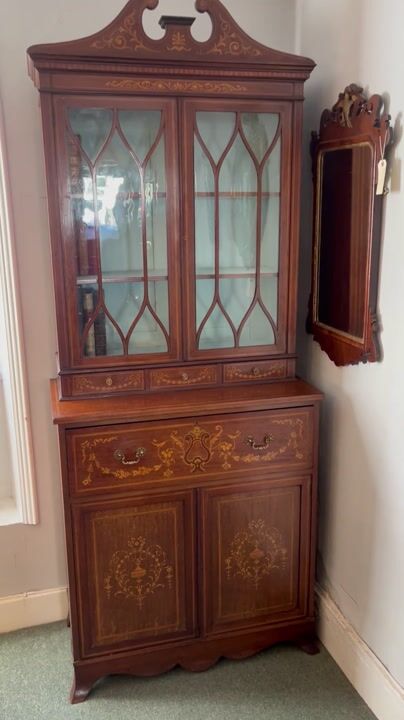Film of Edwardian Mahogany & Satinwood Inlaid Secretaire Bookcase