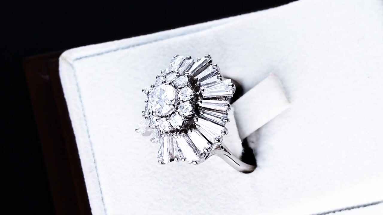 Film of Vintage 5.33ct Diamond and 18ct White Gold Cluster Ring Circa 1955