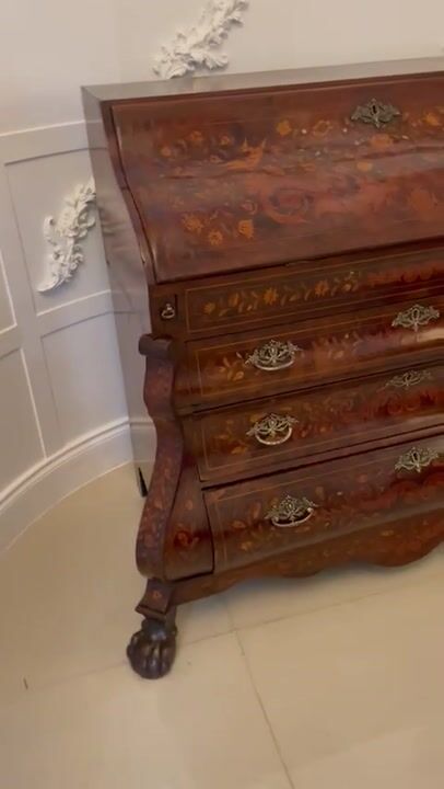 Film of Antique 18th Century Quality Burr Walnut Floral Marquetry Inlaid Bombe Shaped Bureau