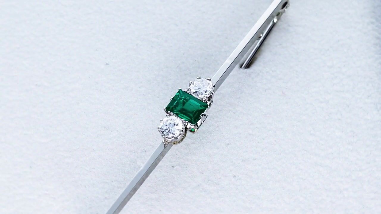 Film of Antique 0.84ct Emerald and 0.80ct Diamond 18ct White Gold Bar Brooch Circa 1915