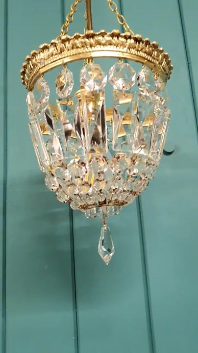 Film of Early 20th Century Gilt Brass Crystal Basket Chandelier 7"