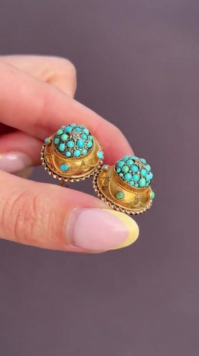 Film of Antique Victorian Etruscan Pavé Turquoise Bombé Cluster 9ct Gold Earrings