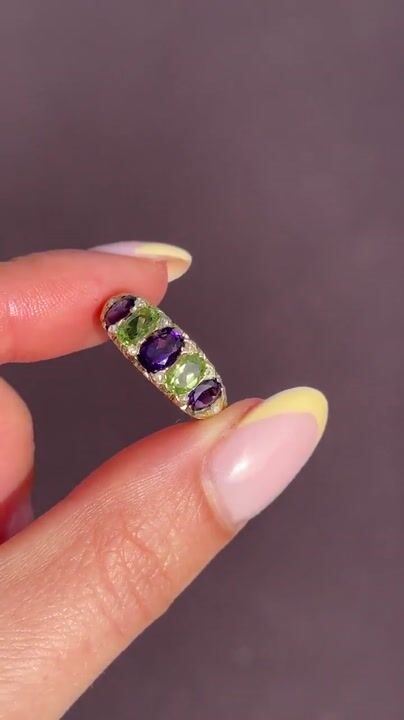 Film of Antique Amethyst Peridot and Diamond Five Stone 18ct Gold Ring | Suffragette