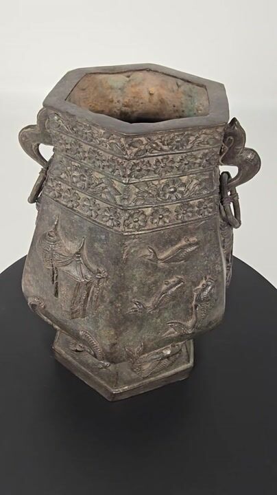 Film of Chinese Hexagonal Shaped Solid Bronze Vessel Circa 1860