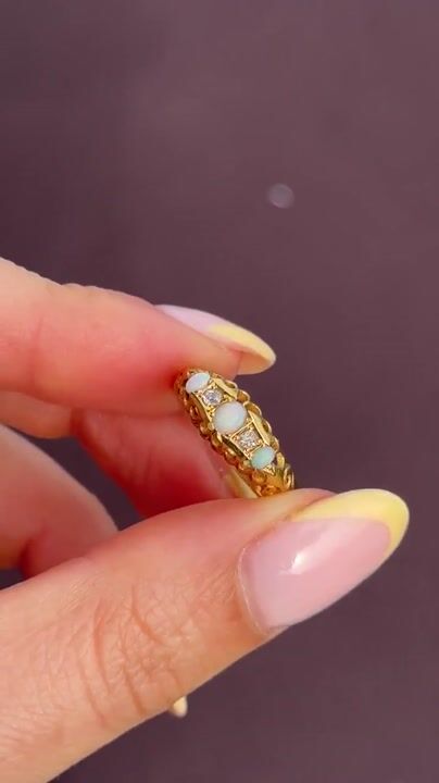 Film of Antique Natural Opal and Diamond 18ct Gold Boat Ring | Chester 1919
