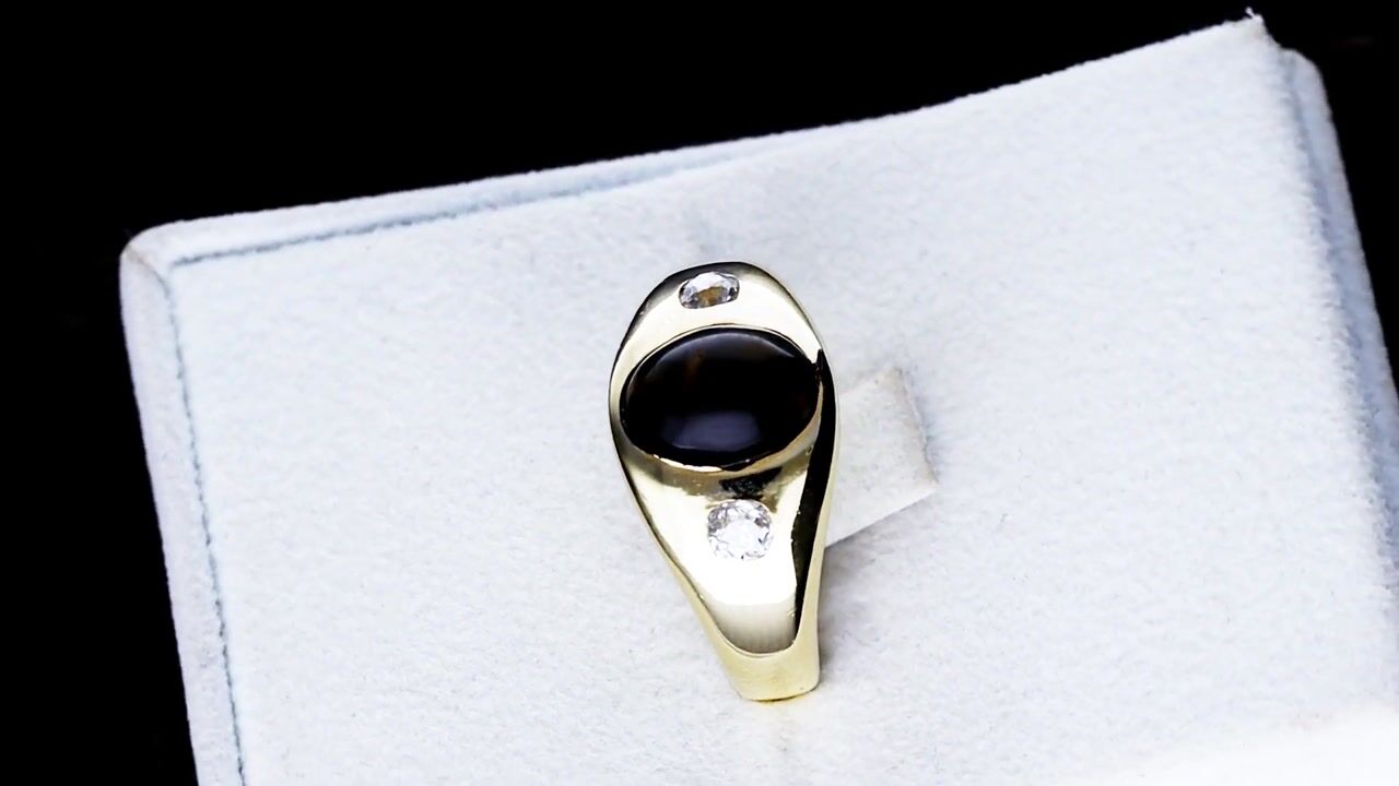 Film of Vintage 2.21ct Tiger's Eye and 0.43ct Diamond 18ct Yellow Gold Ring Circa 1940