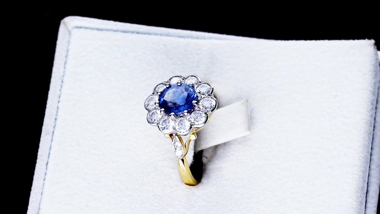 Film of 1.60ct Sapphire and 0.80ct Diamond, 18ct Yellow Gold Cluster Ring - Antique Circa 1935