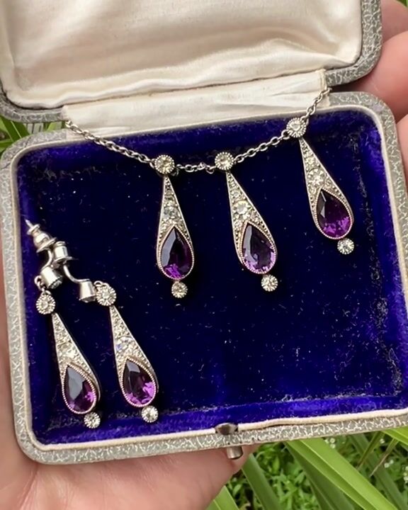Film of Art Deco Amethyst Paste Silver and Gold Earrings and Necklace Set