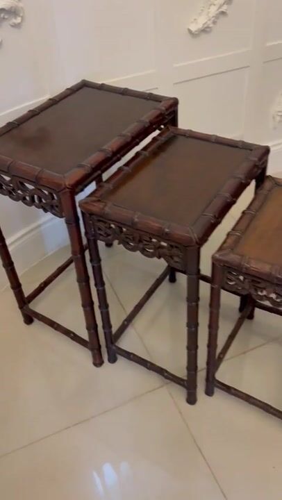 Film of Antique 19th Century Oriental Carved Faux Bamboo Freestanding Nest of Tables