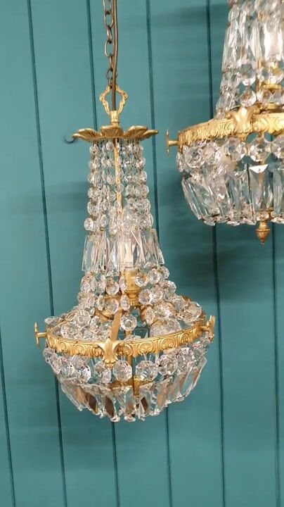 Film of Pair of Early 20th Century Cut Glass Crystal Tent Chandeliers 12"