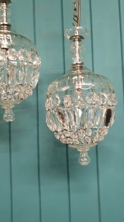 Film of Pair of Early 20th Century Dome Top Crystal Bag Chandeliers 8"