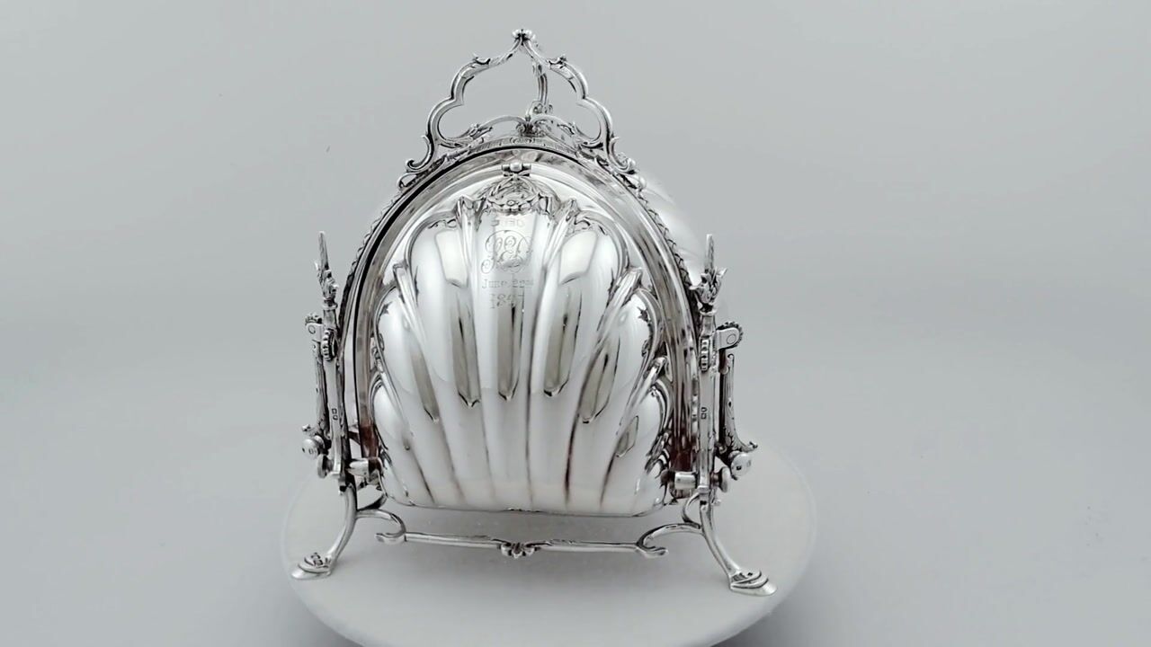 Film of Antique Victorian Sterling Silver Triple Shell Folding Biscuit Box