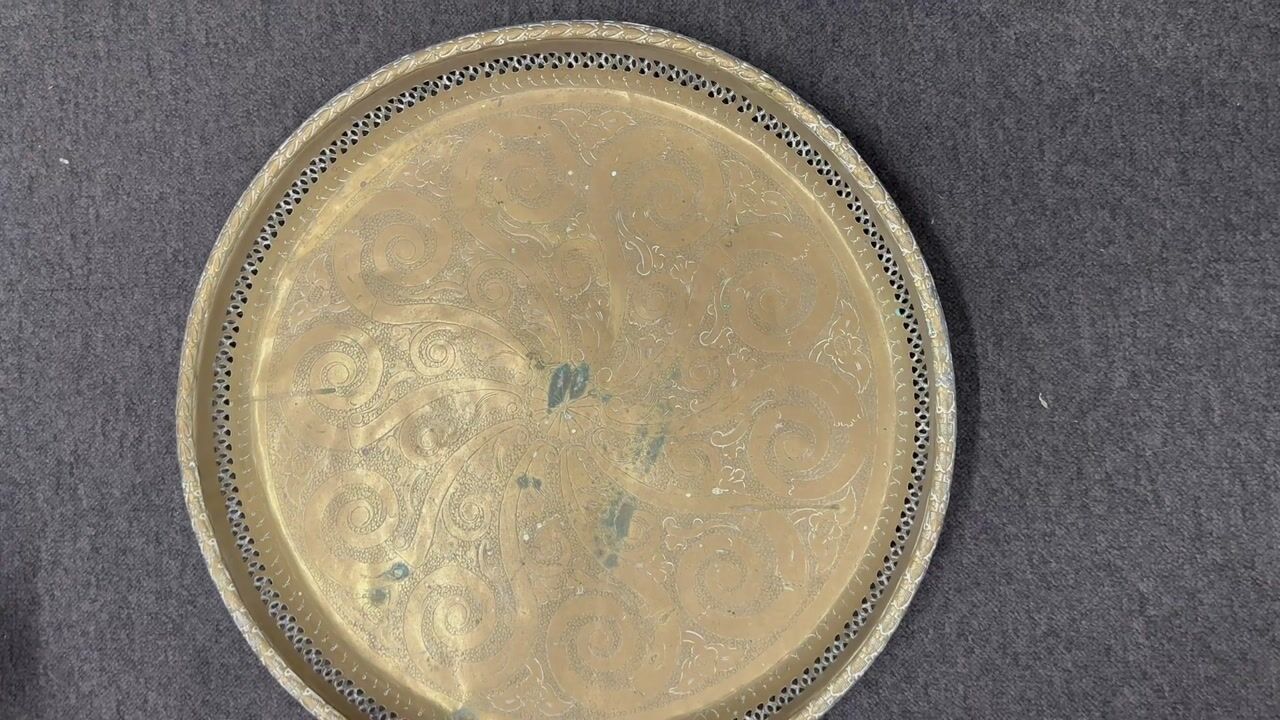 Film of Large Antique Indian Engraved Brass Wall Charger Pierced Gallery Tray C.1900