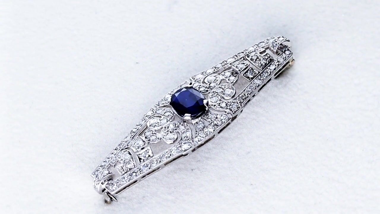 Film of 1.50ct Basaltic Sapphire and 1.92ct Diamond 9ct White Gold Brooch - Antique Circa 1925