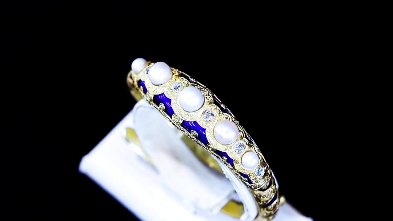 Film of Natural Pearl and 0.64ct Diamond, Enamel, 20ct Yellow Gold Bangle - Antique Circa 1865