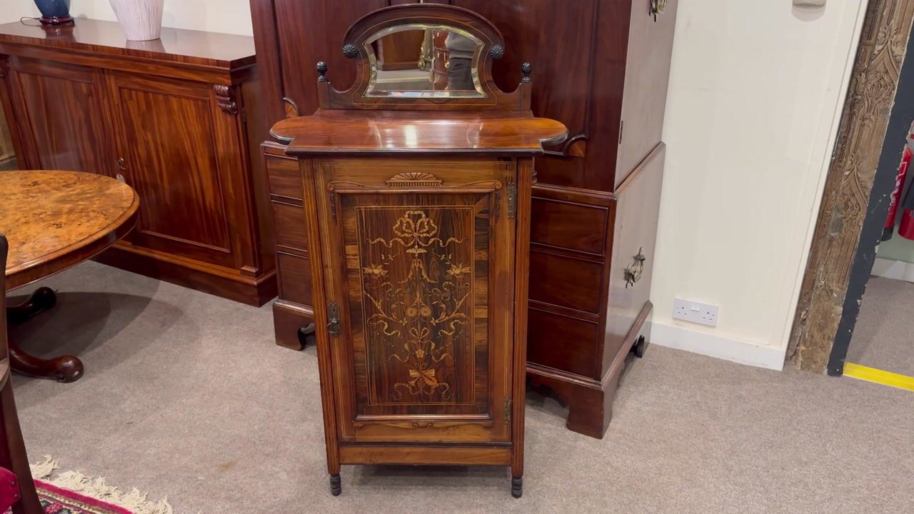 Film of Late Victorian Inlaid Rosewood Music Cabinet with Mirror – Antique Sheet Music Cabinet C.1890
