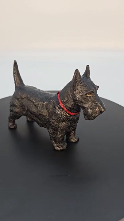 Film of Antique 1920s Hand Painted Scottie Dog Table Lighter in Cast Metal