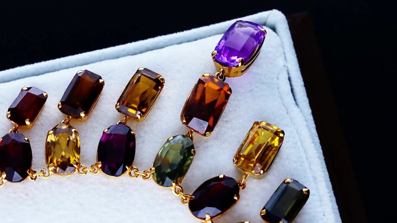 Film of Antique 60.69ct Zircon 6.63ct Amethyst and 0.93ct Iolite 9ct Rose Gold Fringe Necklace Circa 1930