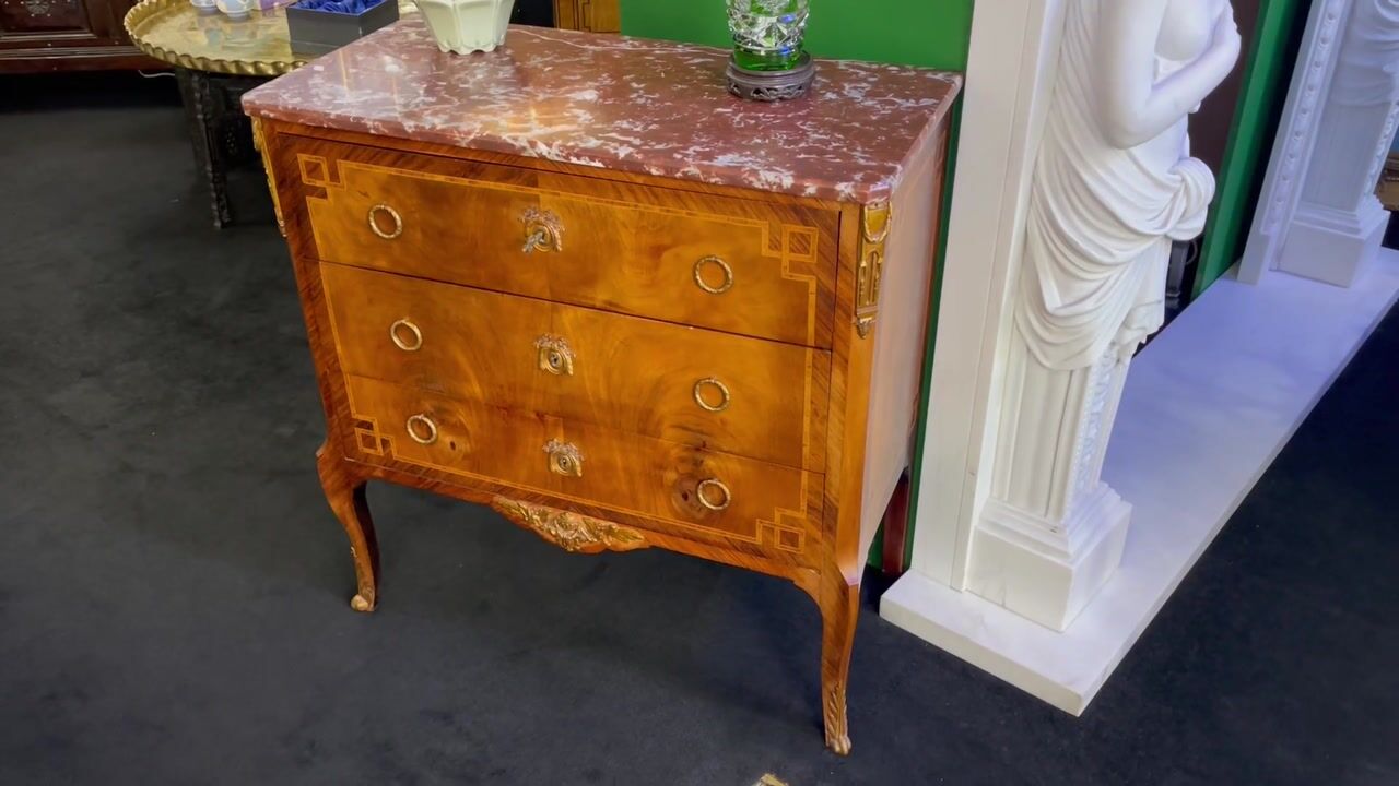 Film of French Louis XVI Style Inlaid Commode with Rouge Marble Top