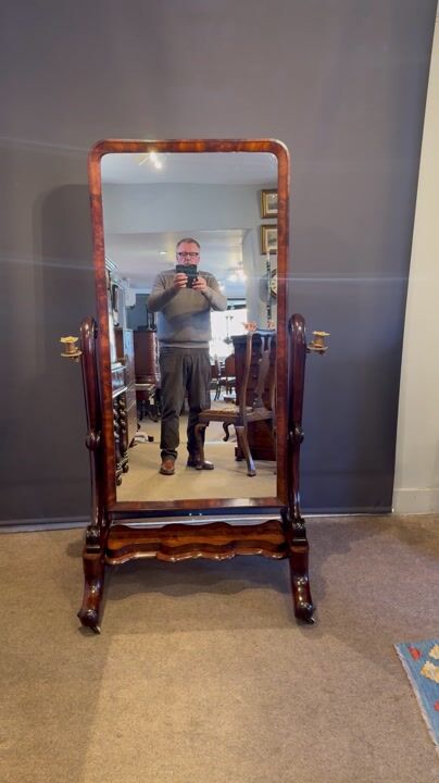Film of Victorian Mahogany Cheval Mirror with Brass Candle Sconces