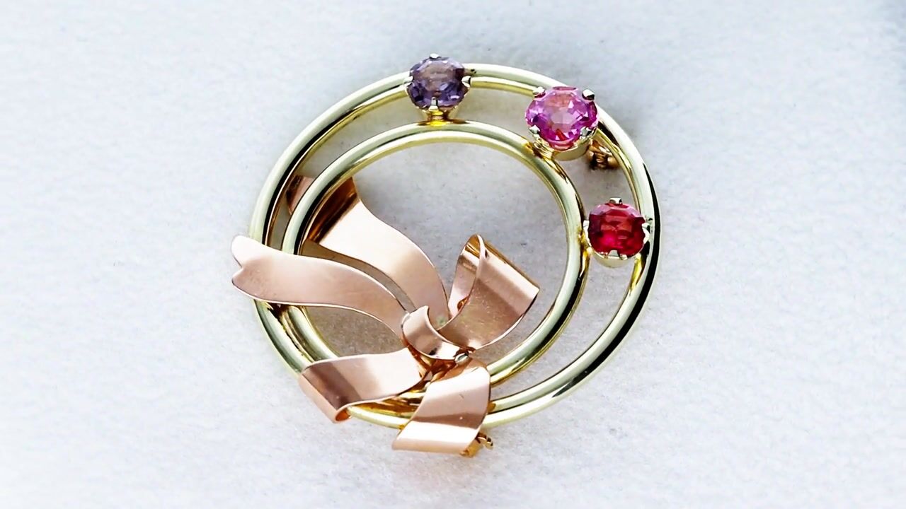 Film of Antique 1.52ct Spinel and 14ct Rose and Yellow Gold Brooch by Tiffany & Co Circa 1935