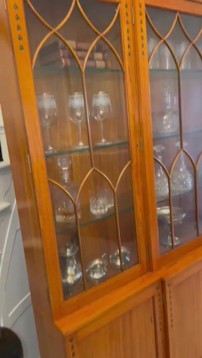 Film of Large Quality Satinwood Astral Glazed Breakfront Display Cabinet with Original Painted Decoration