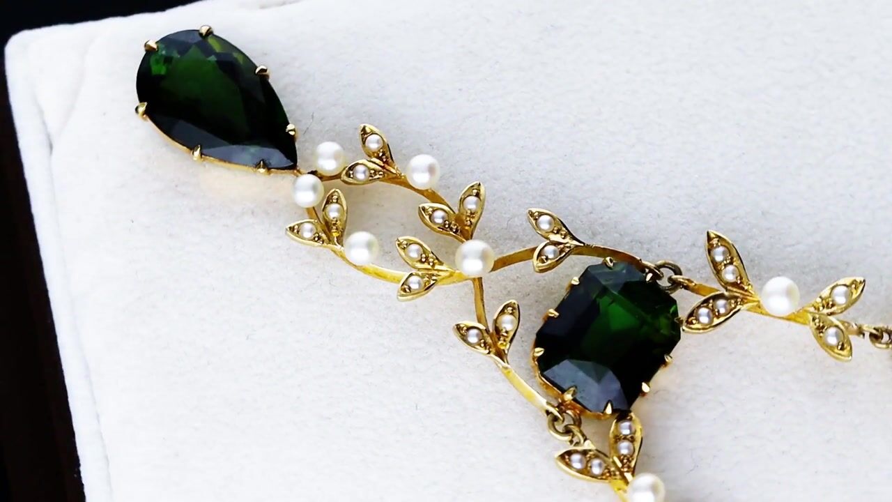 Film of Antique 27.75ct Tourmaline and Seed Pearl 14ct Yellow Gold Necklace Circa 1890