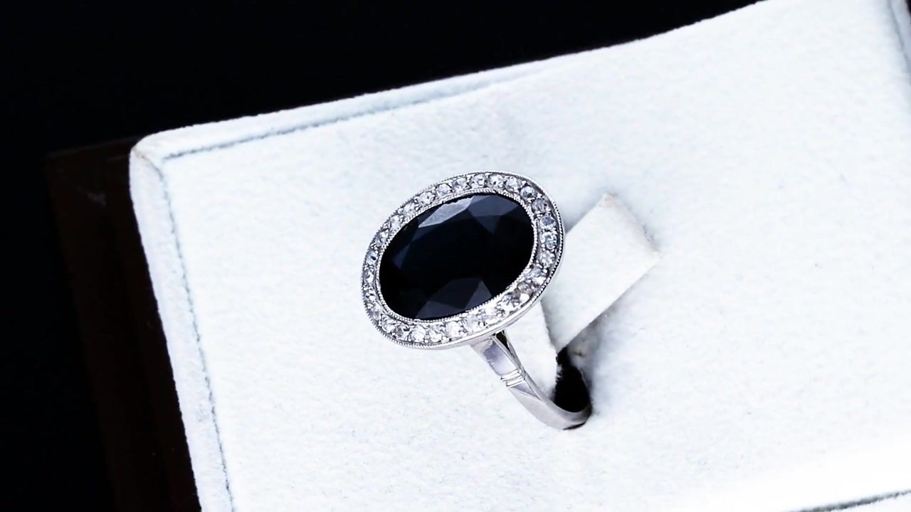 Film of Antique French 6.20ct Sapphire and 0.43ct Diamond Platinum Cluster Ring Circa 1920