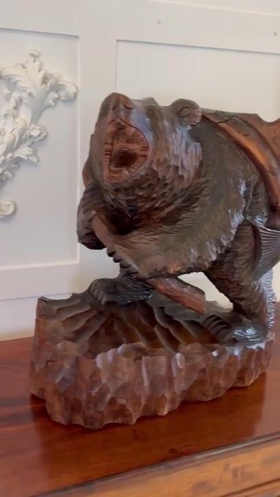 Film of Large Antique Edwardian Quality Carved Linden Wood Japanese Bear Carrying a Fish
