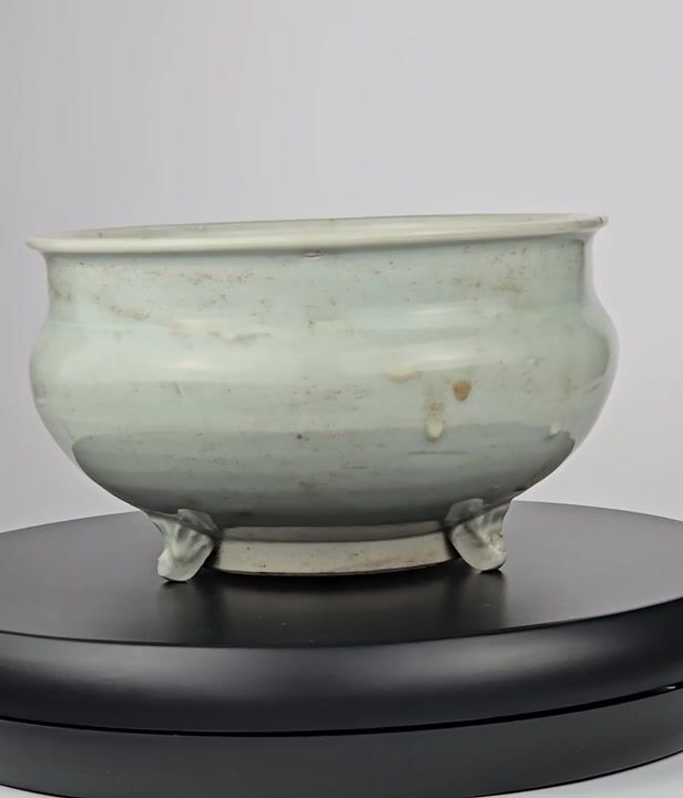 Film of A Rare Chinese Pale Blue-glazed Porcelain Archaistic Tripod Censer Early Ming Dynasty, 15th Century (Circa 1400–1480)
