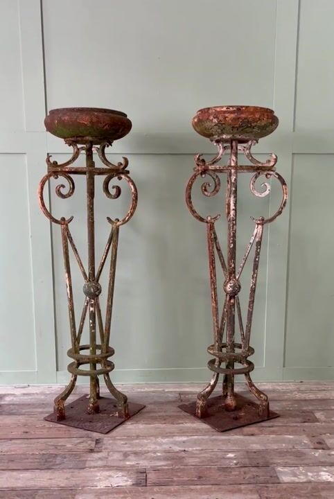 Film of Pair of Tall Antique Victorian Wrought Iron Jardiniere Plant Stands