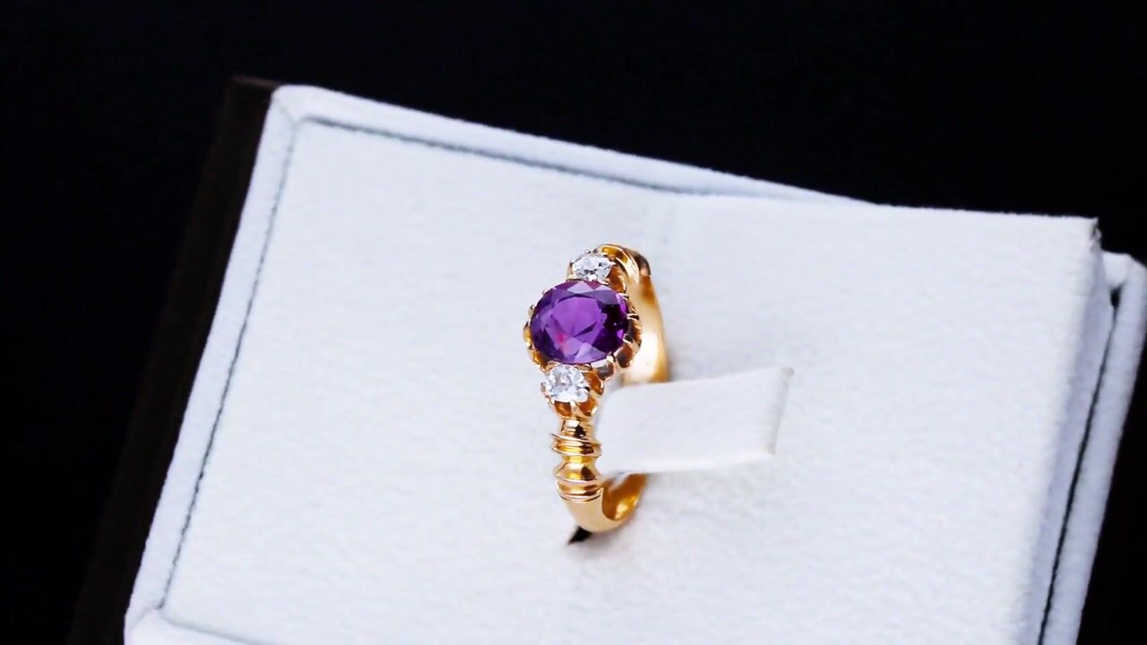 Film of Antique Victorian 1.50ct Ceylon Purple Sapphire and 0.12ct Diamond 15ct Rose Gold Trilogy Ring