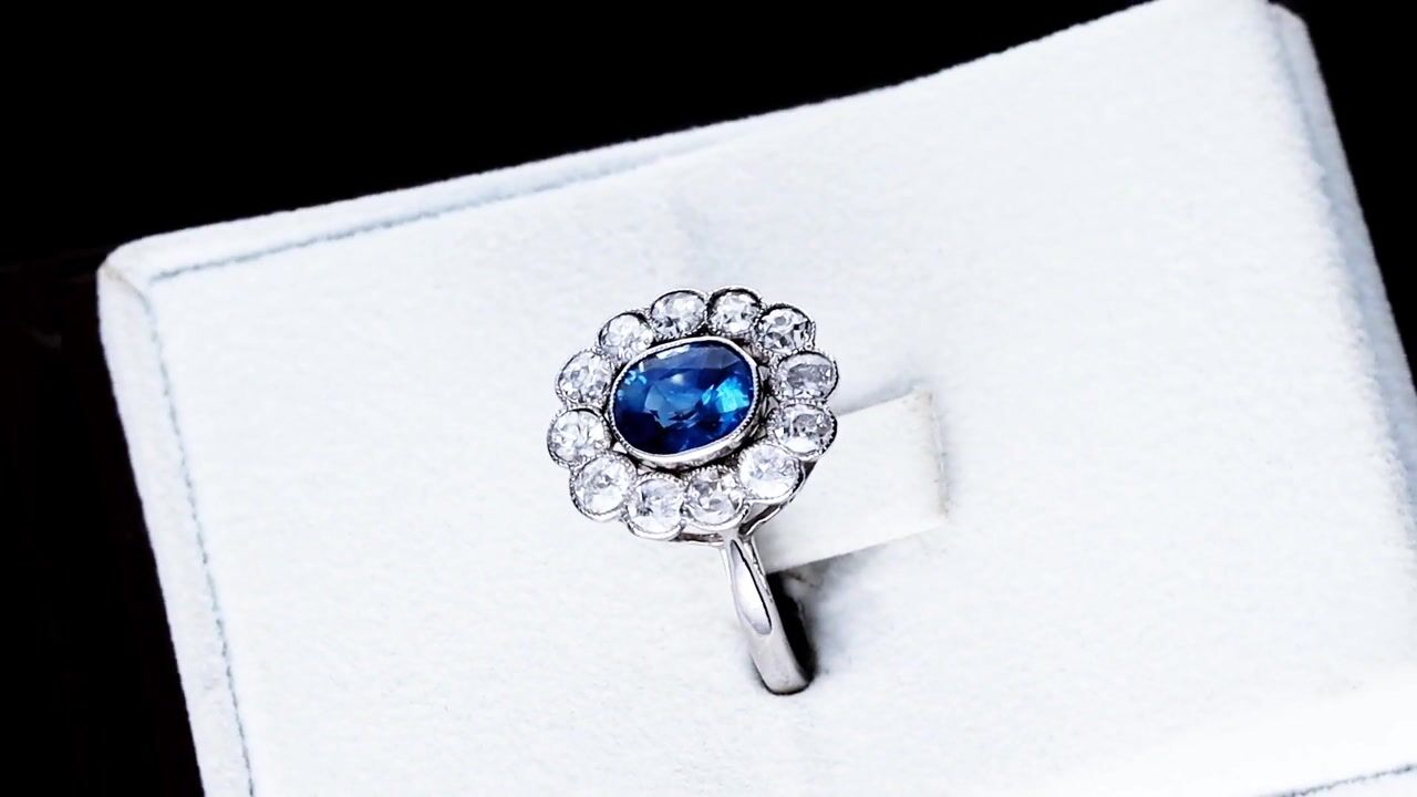 Film of 1.50ct Basaltic Sapphire and 1.15ct Diamond Platinum Cluster Ring - Antique Circa 1925