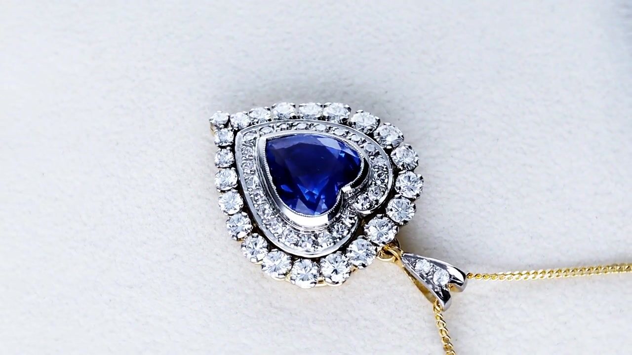 Film of 5.60ct Ceylon Sapphire and 2.55ct Diamond, 14ct Yellow Gold Heart Pendant - Vintage Circa 1950