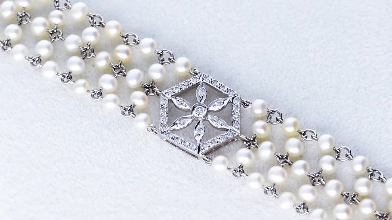 Film of Antique 0.49ct Diamond and Pearl 18ct White Gold Choker Necklace Circa 1930