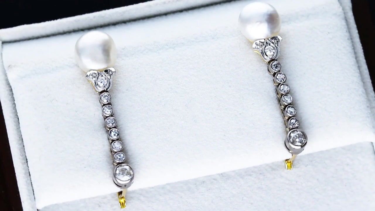 Film of Natural Saltwater Pearl and 1.00ct Diamond 14ct Yellow Gold Drop Earrings - Antique Circa 1910