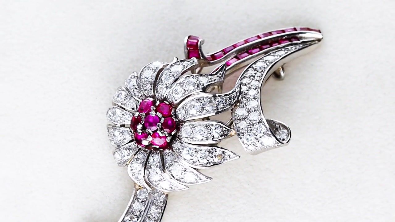 Film of 1.48ct Ruby and 2.92ct Diamond Platinum Flower Brooch - Vintage Circa 1950