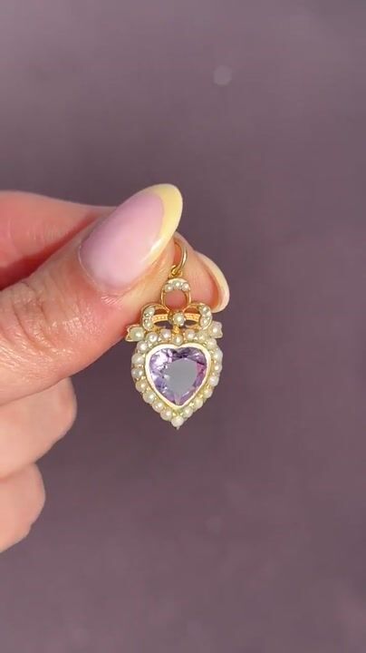 Film of Vintage Amethyst and Pearl Heart Gold on Silver Charm Pendant