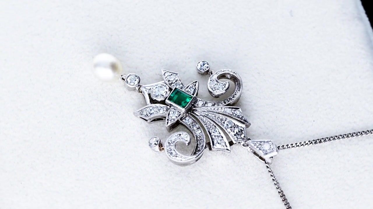 Film of 0.23ct Emerald, 0.75ct Diamond, Pearl and Platinum Pendant - Antique Circa 1935