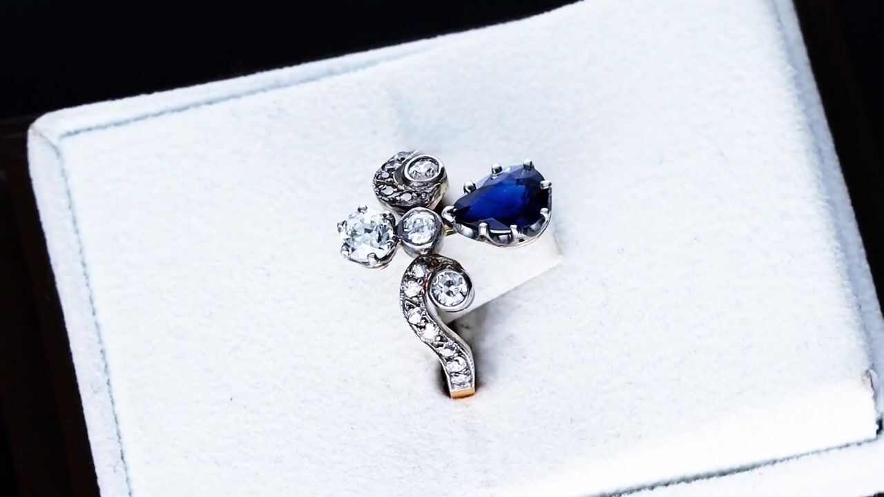 Film of Antique 1.25ct Basaltic Sapphire and 1.48ct Diamond 14ct Yellow Gold Tiara Ring Circa 1900