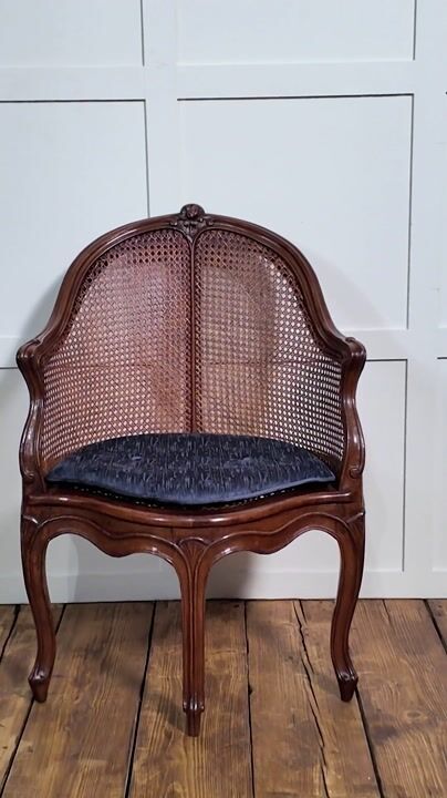 Film of 19th Century French Louis XV Style Walnut and Cane Tub Chair