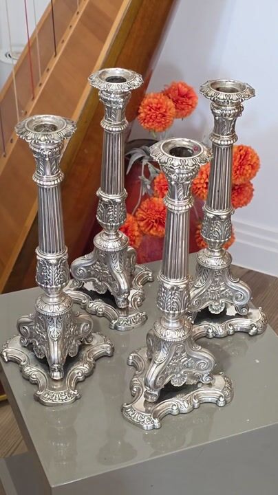 Film of Rare Set of 4 X Fine German Silver Candlesticks 'Conrad Eduard Mappe' C1830 30cm