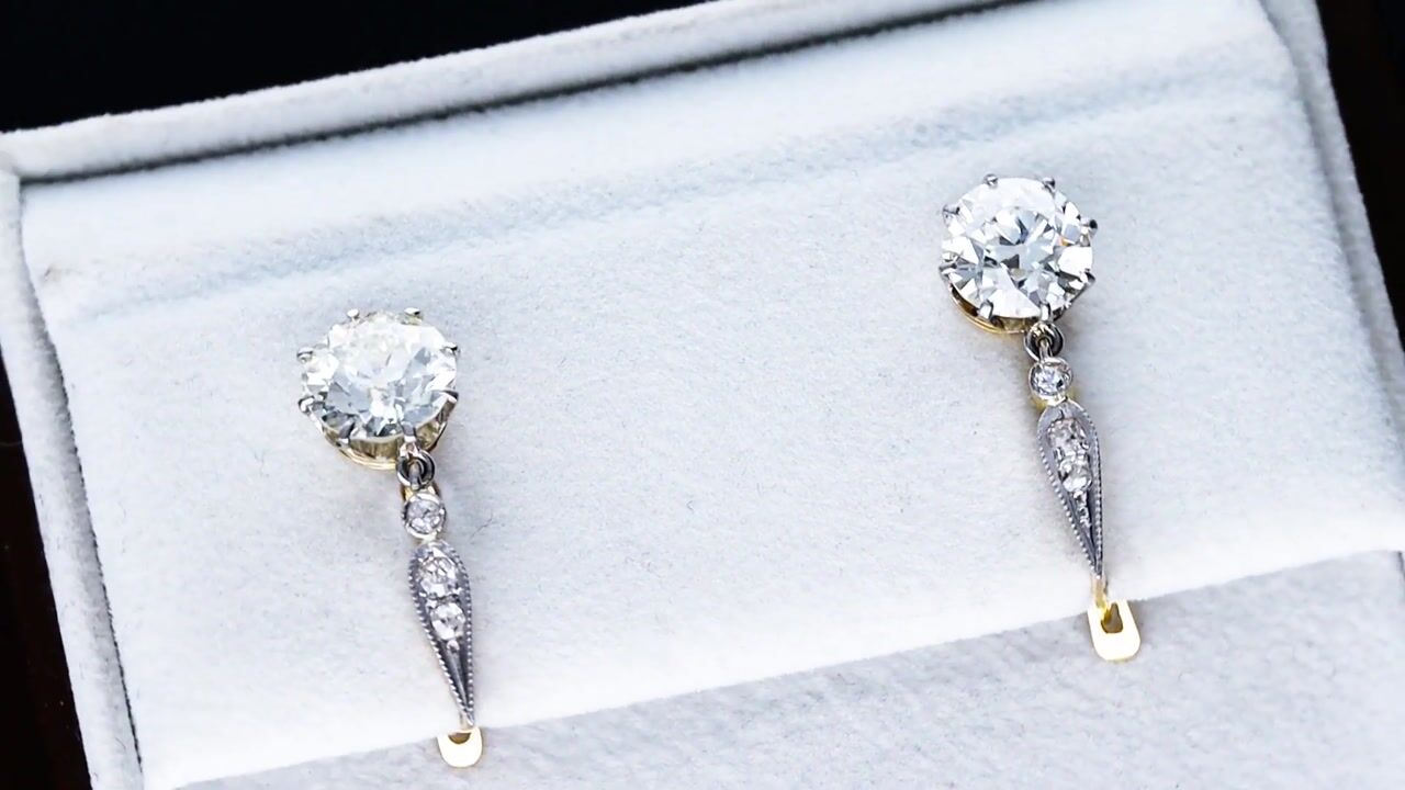 Film of 3.90ct Diamond and 18ct Yellow Gold Solitaire Drop Earrings - Antique Circa 1910
