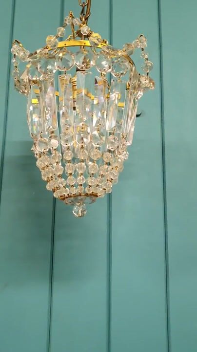 Film of Early 20th Century Gilt Brass Crystal Bag Chandelier 9"