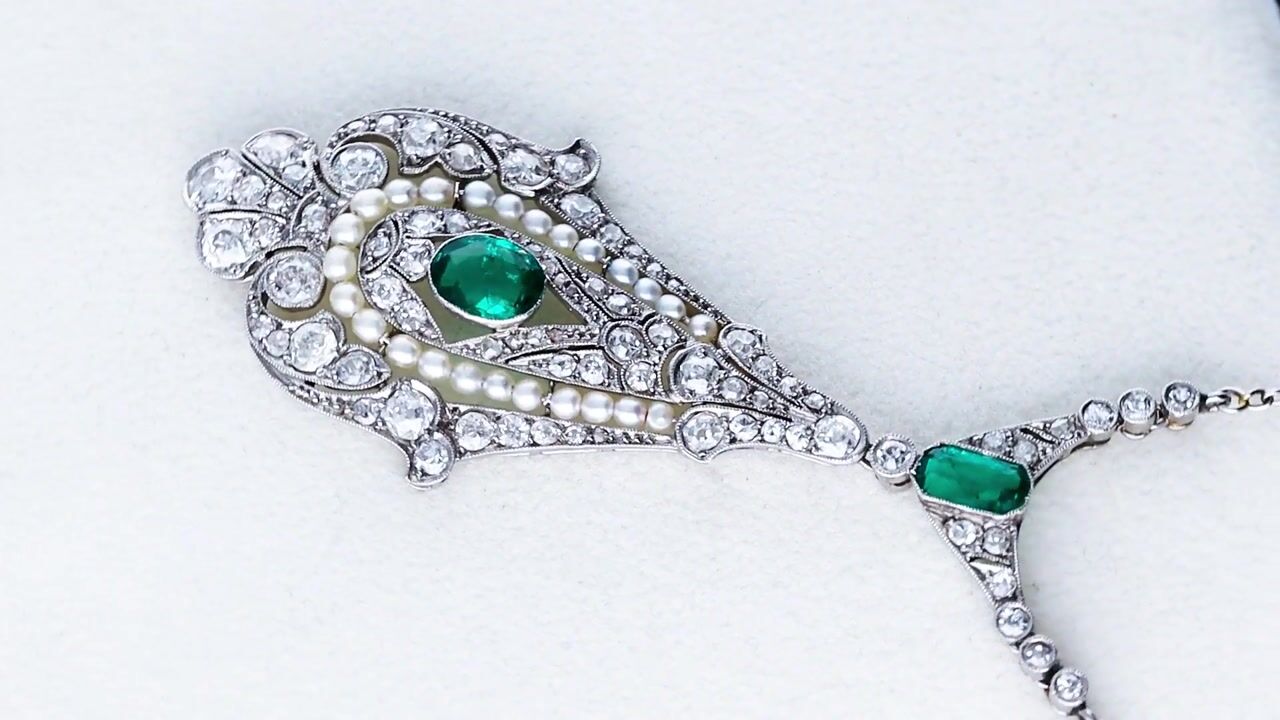 Film of 0.80ct Colombian Emerald, Seed Pearl and 2.26ct Diamond, Platinum Pendant - Antique Circa 1915