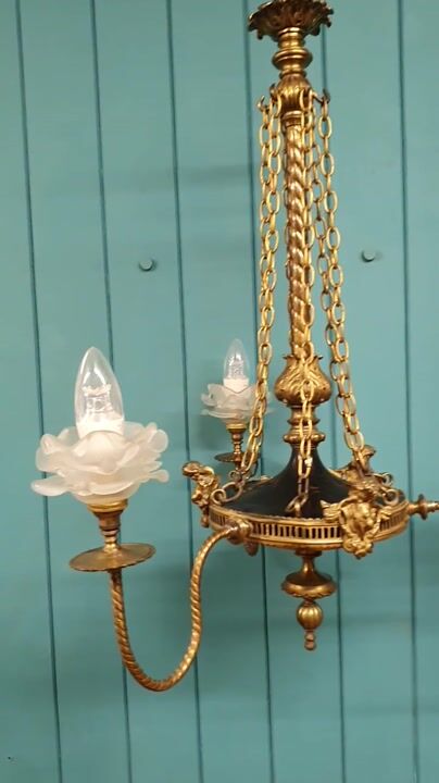 Film of French Brass & Ebonised Three Arm Antique Chandelier 19"